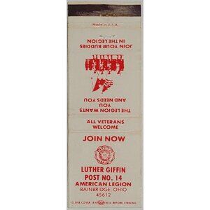 Vintage Matchbook Cover American Legion Post 14 Bainbridge OH